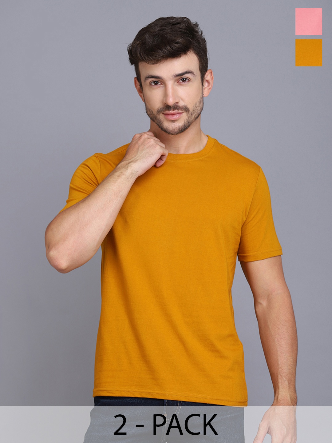 

WOOSTRO Men Pack Of 2 Solid Round Neck Cotton Slim Fit T-shirts, Mustard