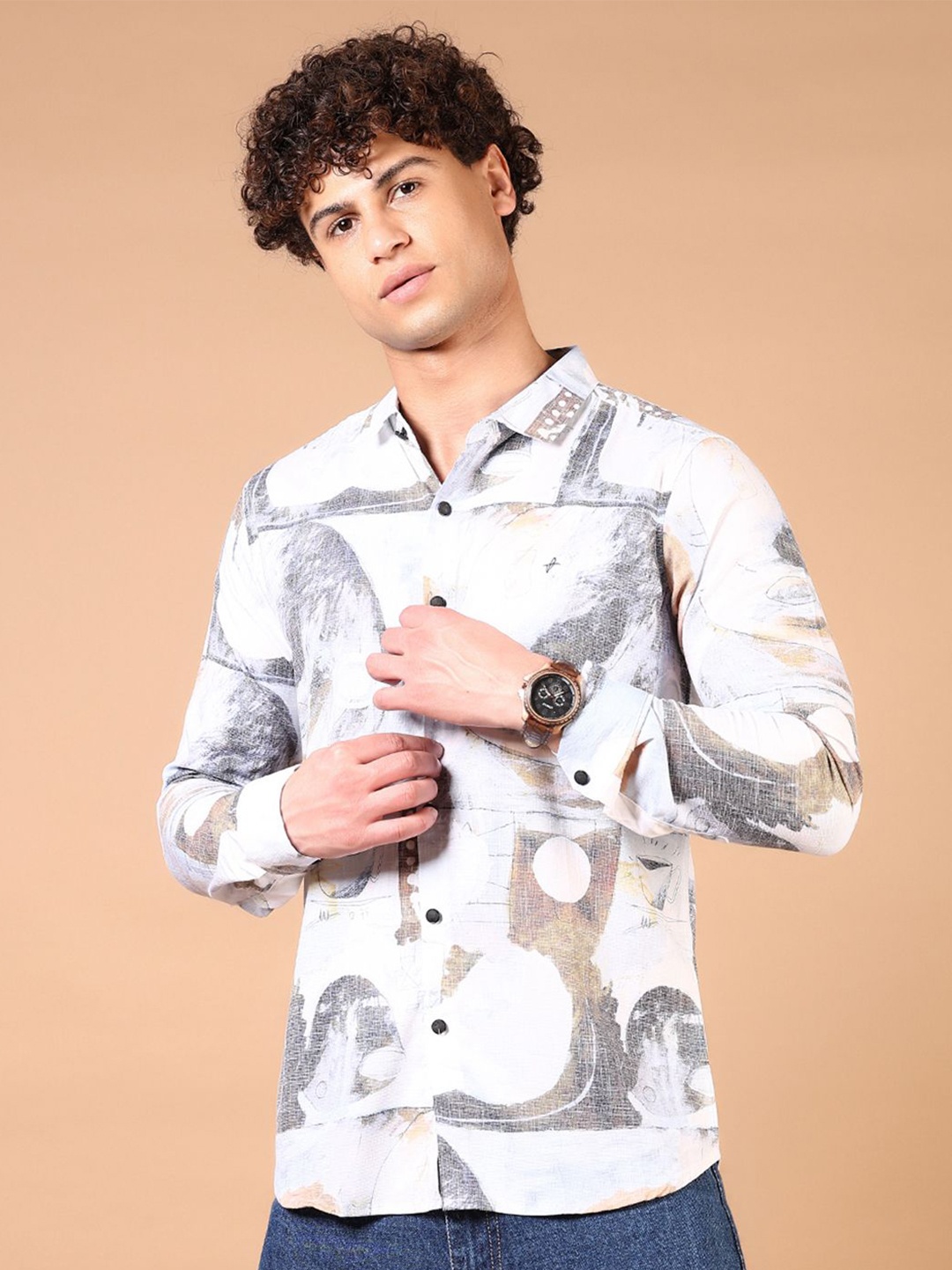 

V-Mart Men Spread Collar Abstract Printed Cotton Casual Shirt, White