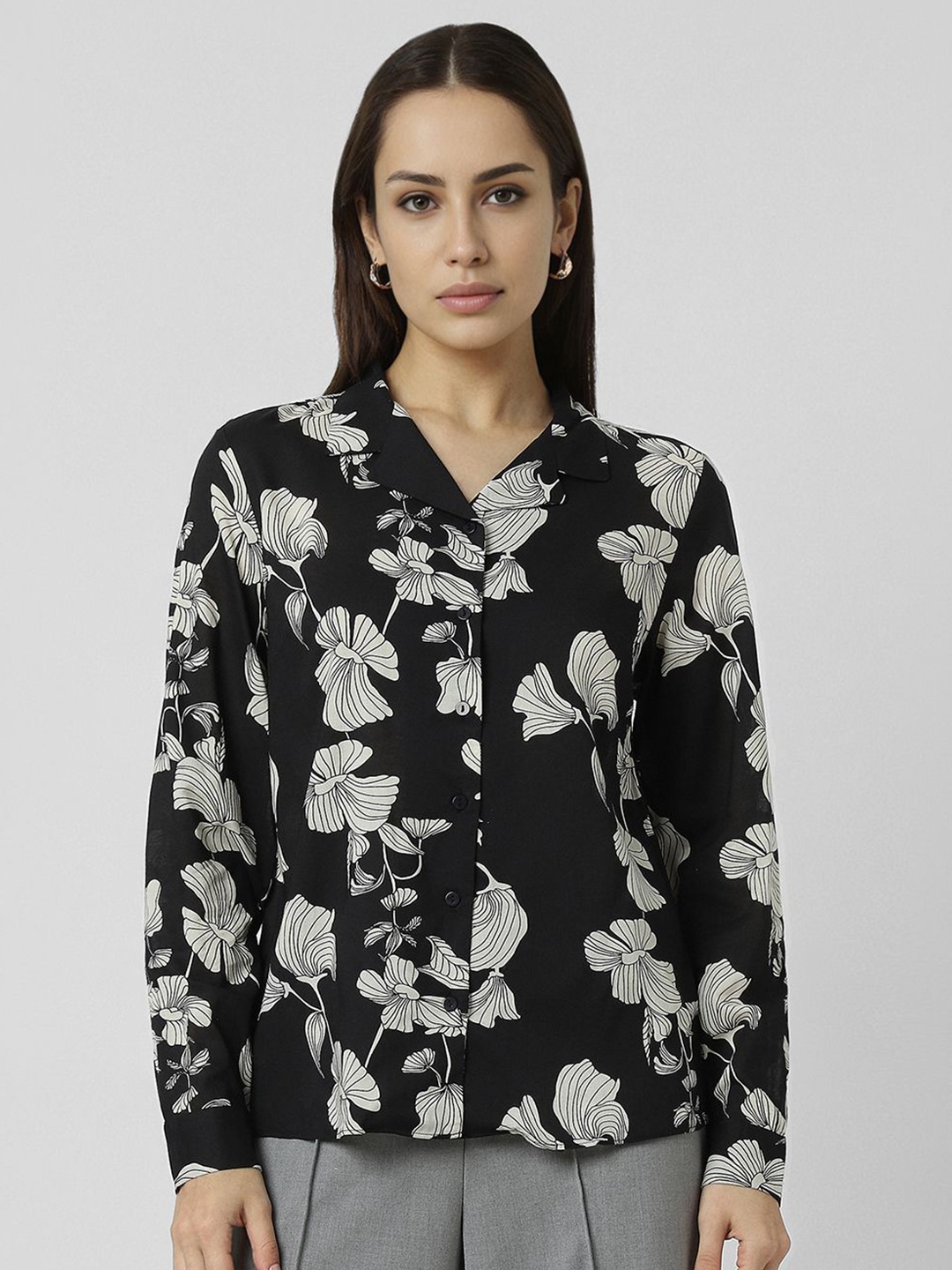 

Van Heusen Woman Cuban Collar Floral Printed Casual Shirt, Black