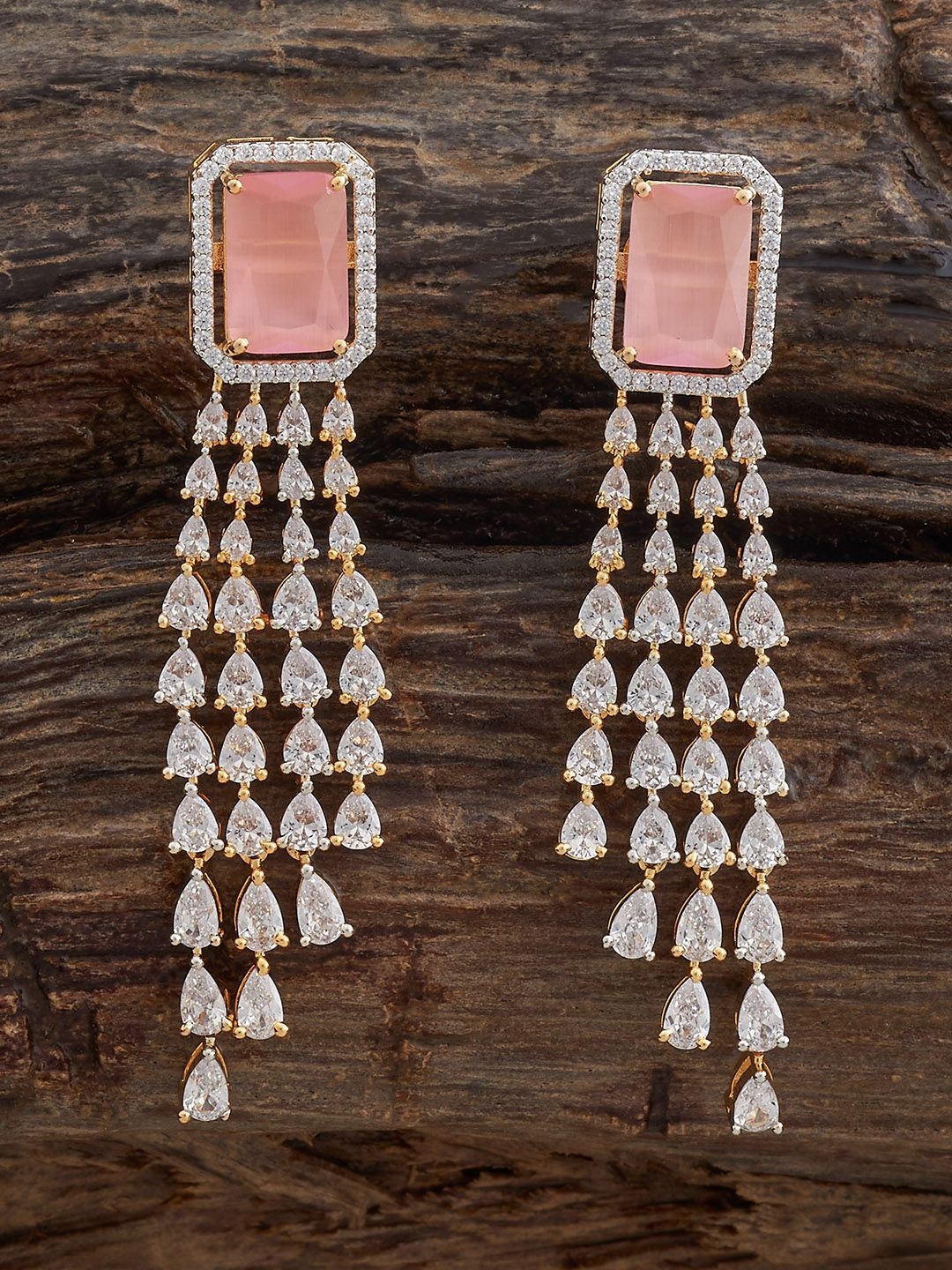 

Kushal's Fashion Jewellery Gold-Plated Geometric Shaped Zircon Drop Earrings, Pink