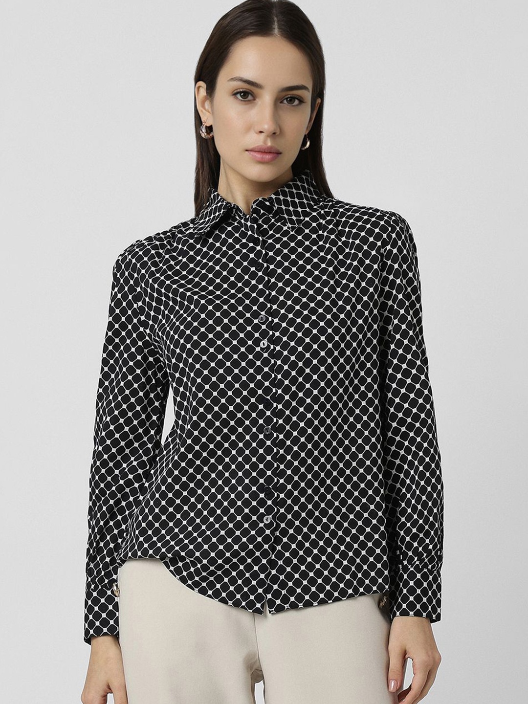 

Van Heusen Woman Spread Collar Geometric Printed Formal Shirt, Black