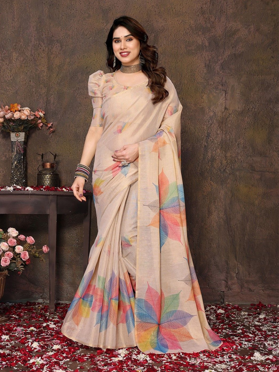 

KALINI Floral Digital Printed Chanderi Saree, Cream