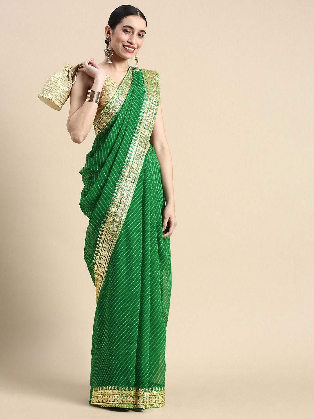 

DIVASTRI Leheriya Gotta Patti Poly Georgette Leheriya Saree, Green