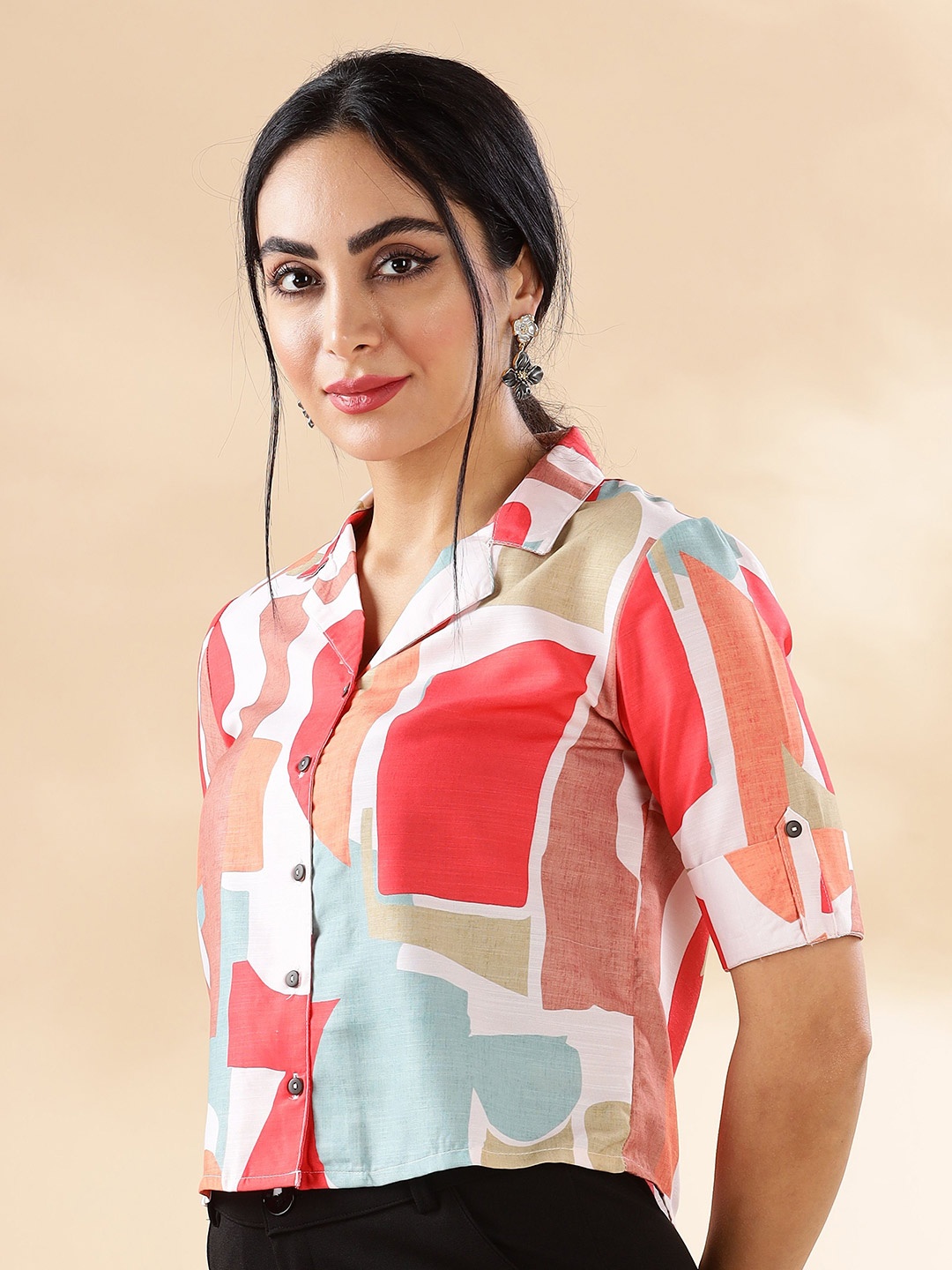 

Anouk Women Abstract Printed Boxy Fit Crop Casual Shirt, White