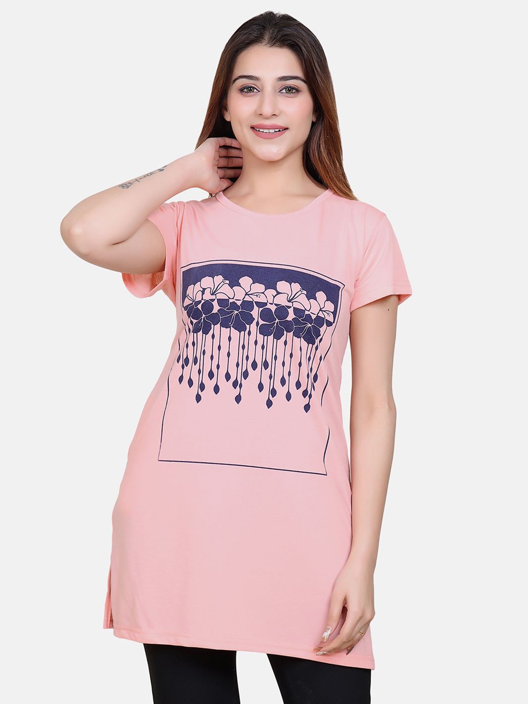 

Divine Girl Graphic Printed Cotton Longline T-Shirt, Peach