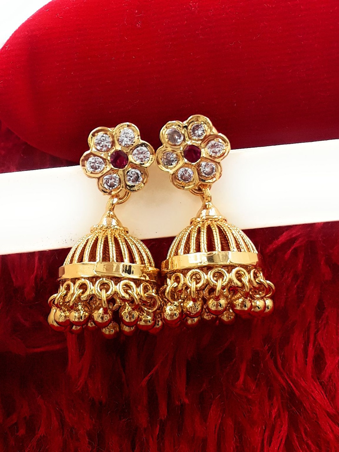 

Anujeet Fashion Hub Contemporary Gold Plated American Diamond Studded Dome Impon Jhumkas