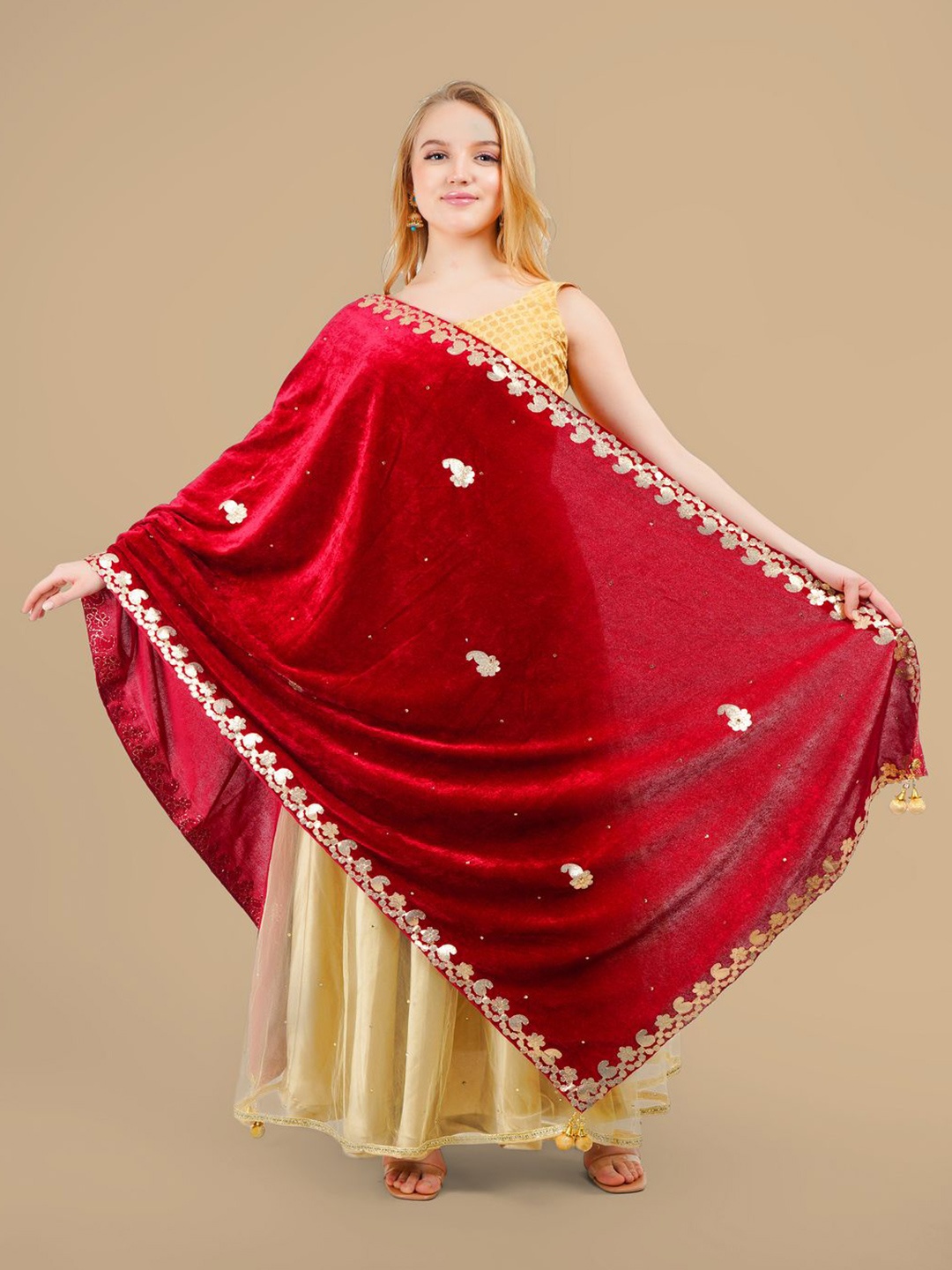 

Karthav Fashion Paisley Embroidered Velvet Dupatta With Gotta Patti, Maroon