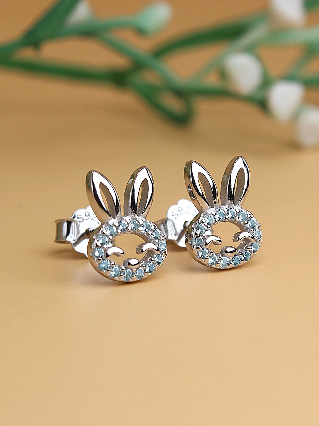 

DEVASHREE 925 Silver Rhodium-Plated Cubic Zirconia Studded Bunny Shaped Studs, Sea green