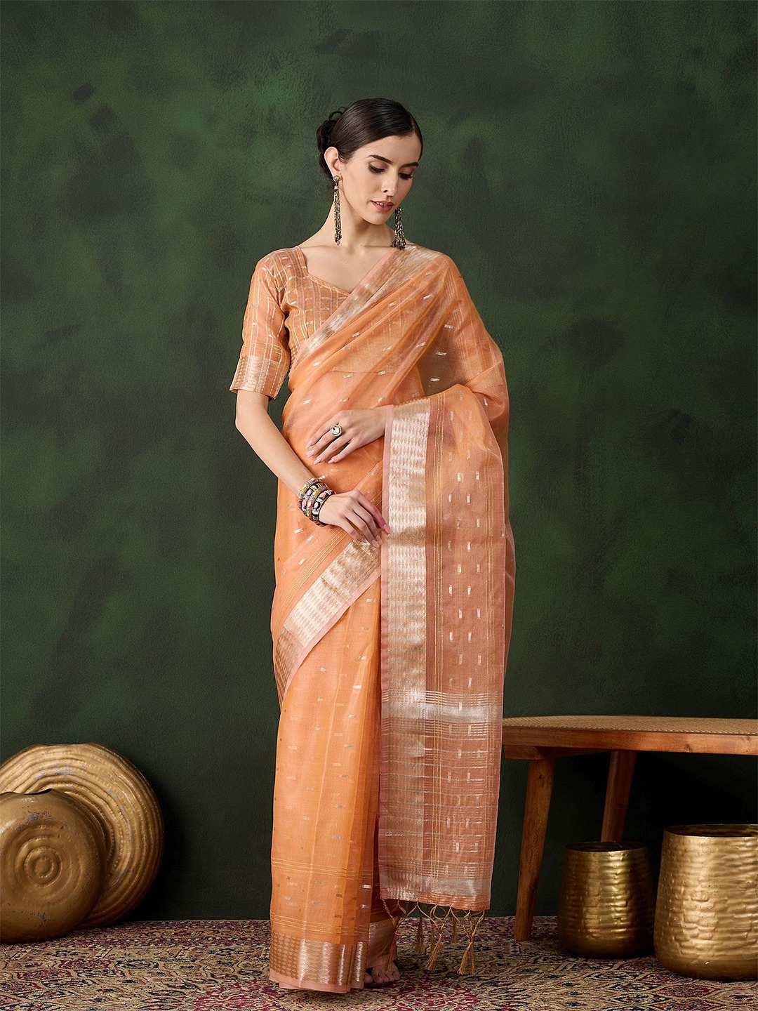 

MANVAA Floral Zari Fancy Sequence Organza Saree, Peach