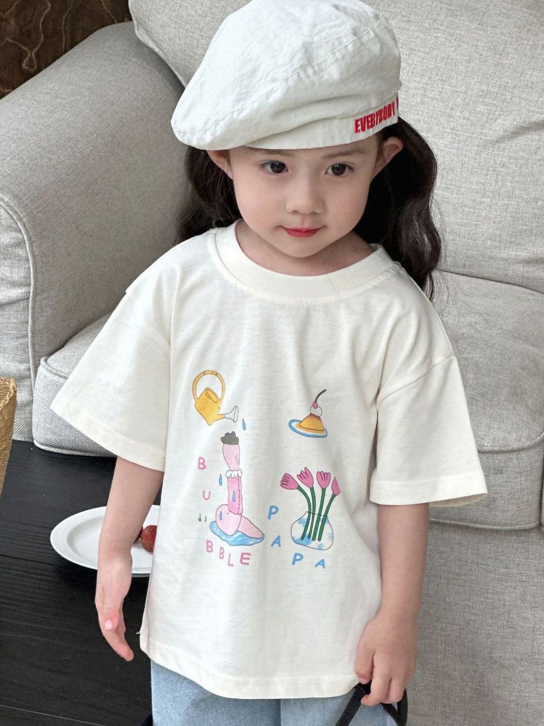 

LULU & SKY Girls Graphic Printed Round Neck Cotton Boxy T-shirt, White
