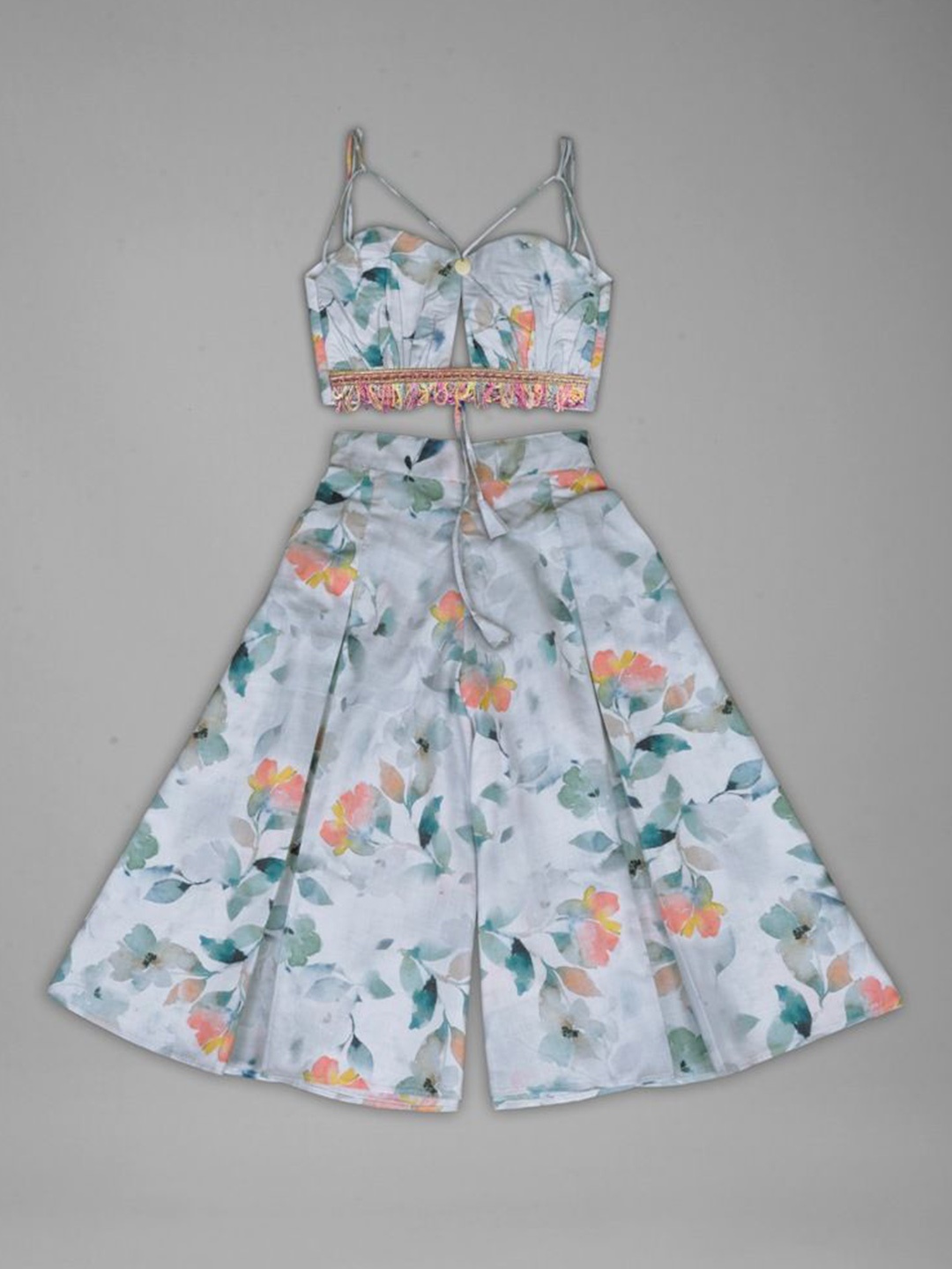 

Anneca Girls Floral Printed Sleeveless Pure Cotton Top With Palazzo, Grey melange