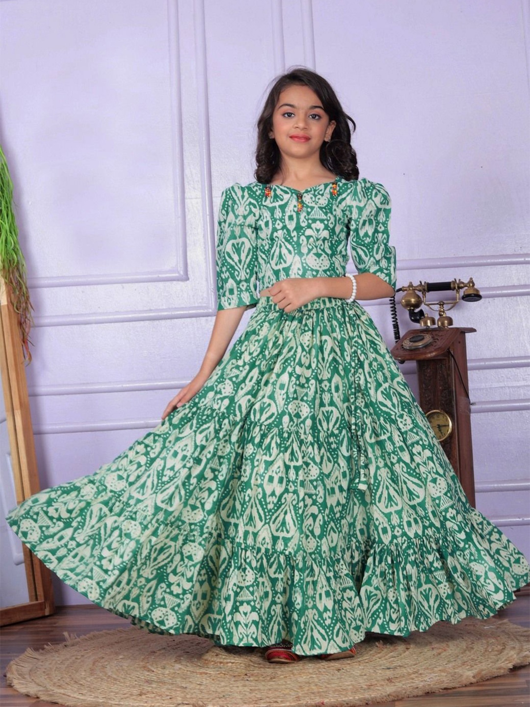 

Anneca Girls Printed Cotton Beads and Stones Ikat Ready to Wear Lehenga & Choli, Green