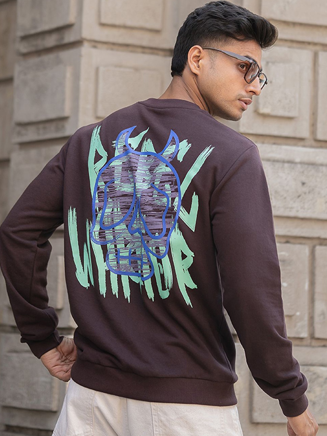 

Powerlook Men Graphic Printed Pure Cotton Sweatshirt, Brown