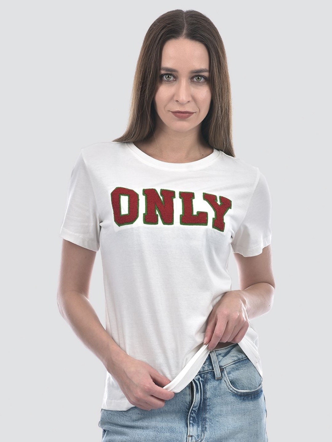 

ONLY Women Typography Printed Round Neck Cotton T-shirt, White