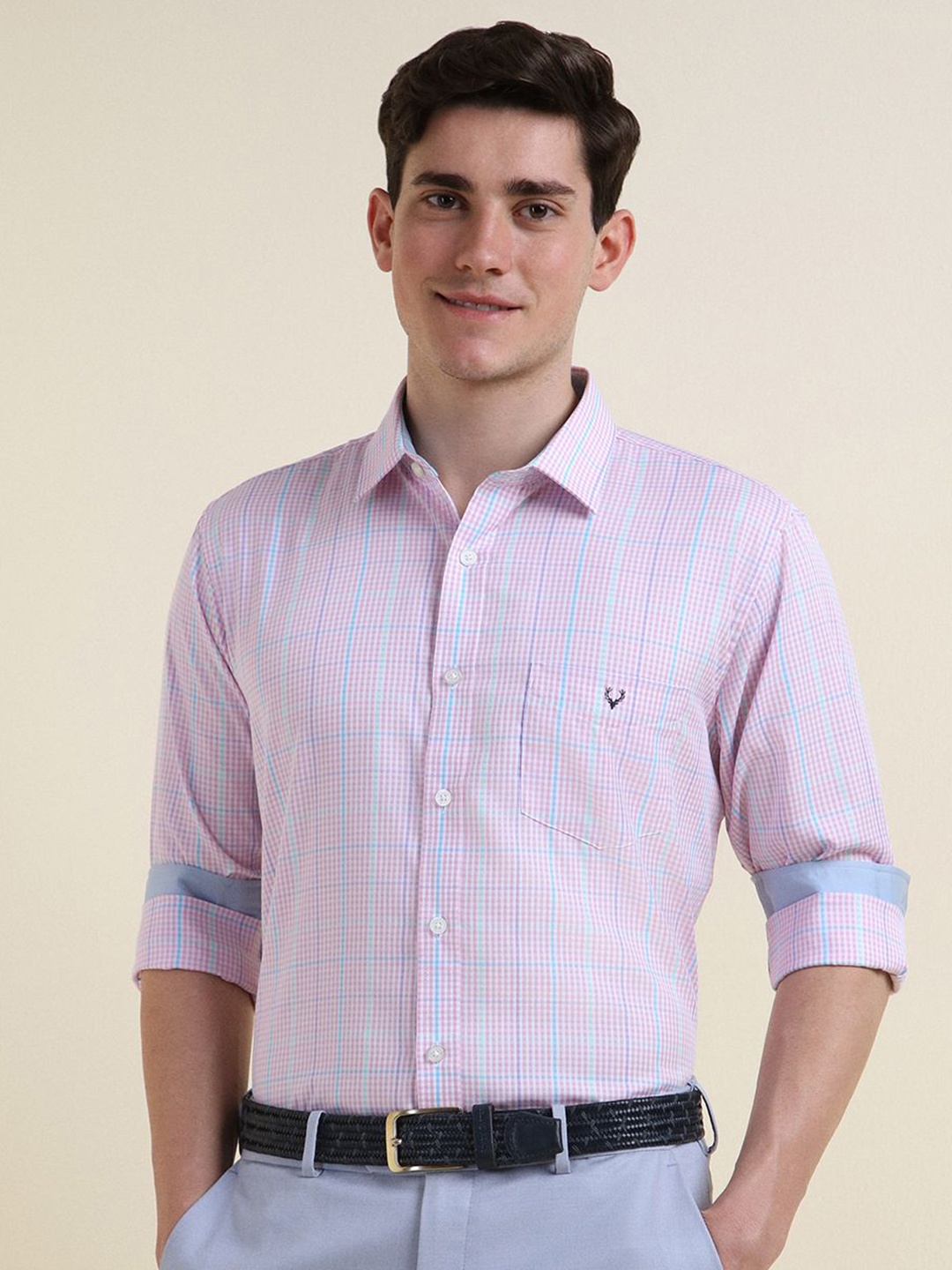 

Allen Solly Men Slim Fit Spread Collar Micro Checked Cotton Formal Shirt, Pink