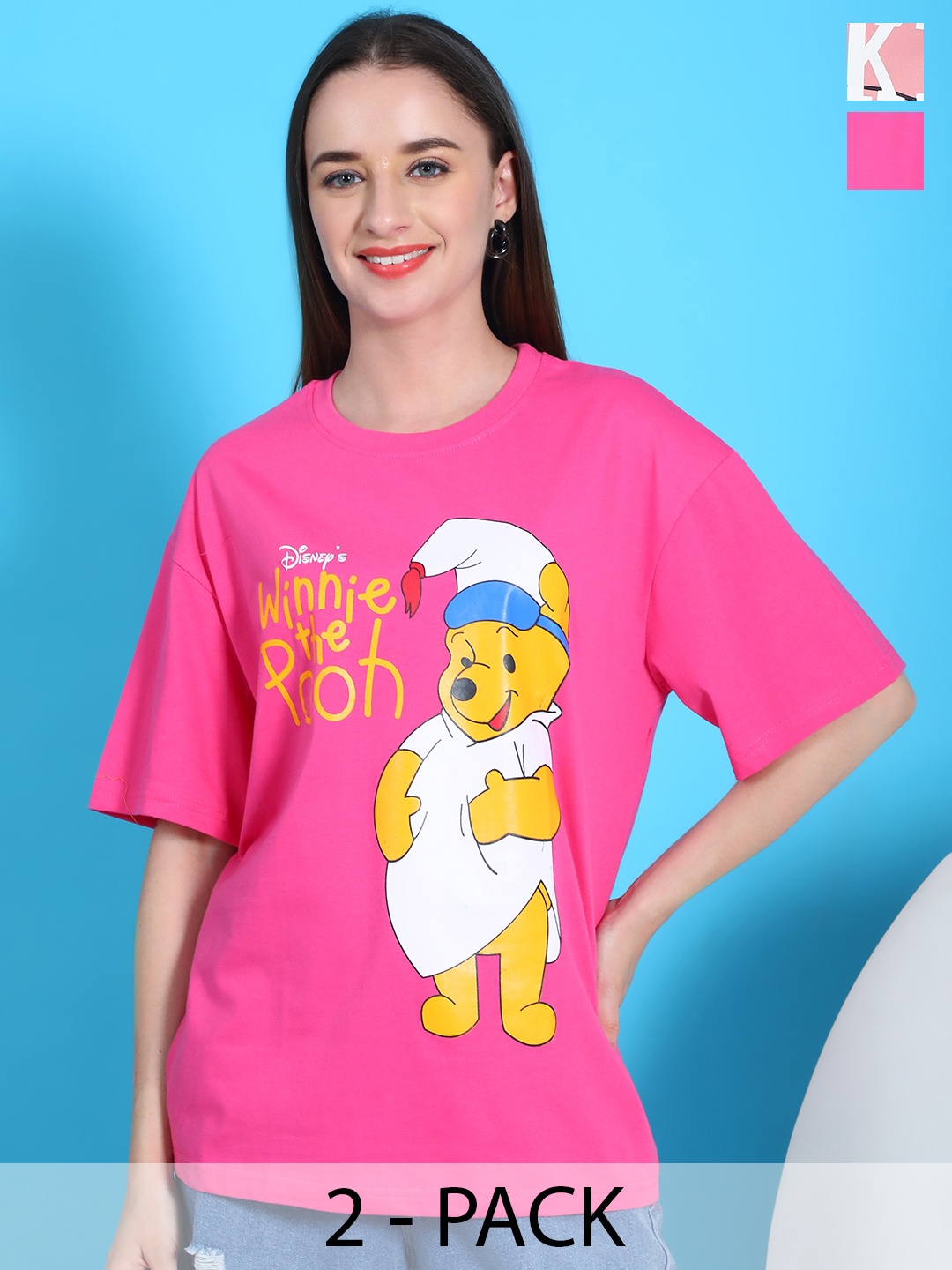 

Dreambe Women Pack Of 2 Winnie The Pooh Fusion Graphic Printed Cotton Oversized T-shirts, Pink