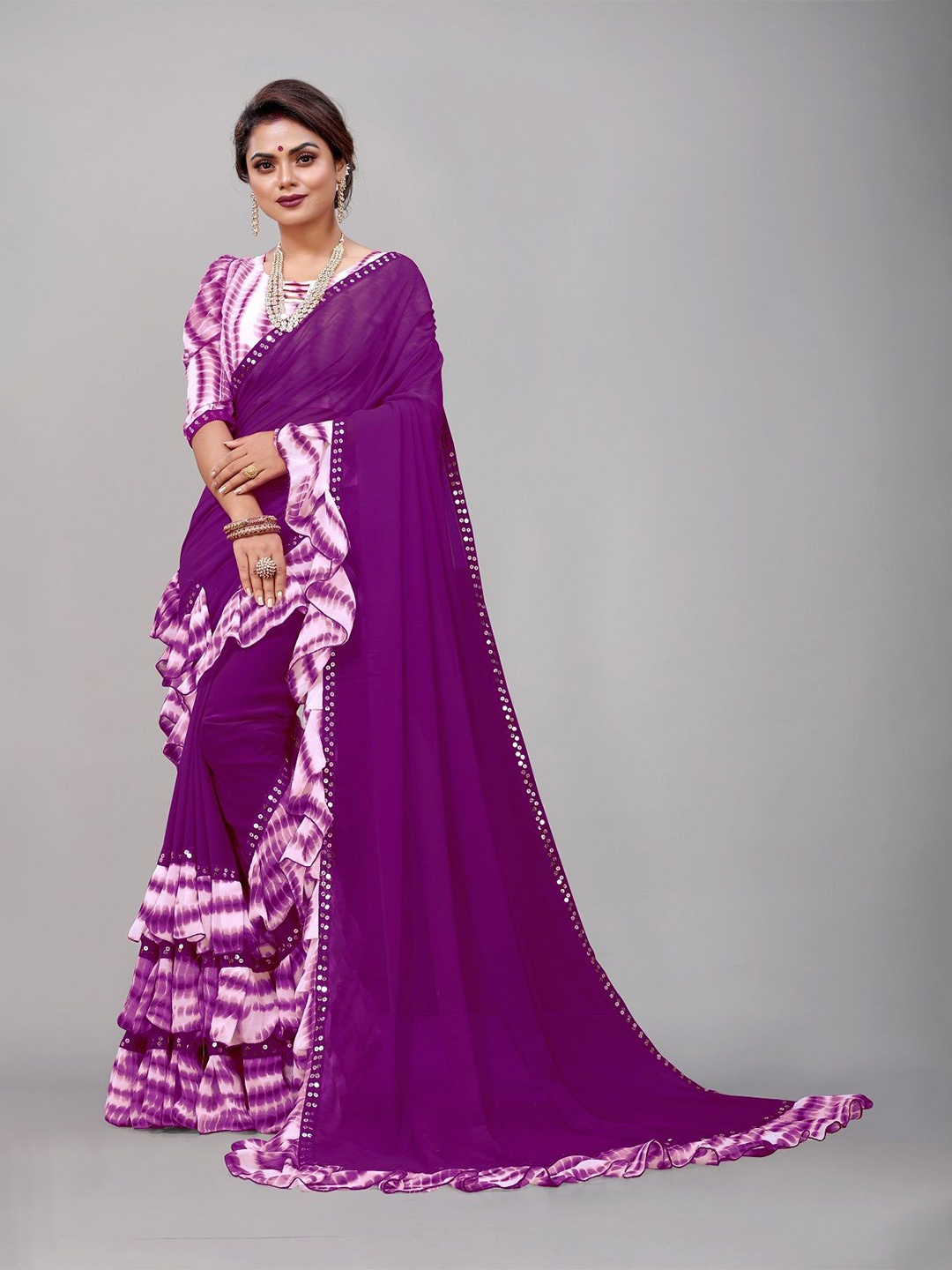 

Moda Rapido Leheriya Mirror Work Pure Georgette Leheriya Saree, Purple