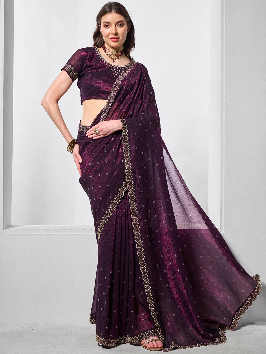 

ODETTE Embellished Beads and Stones Poly Chiffon Saree, Burgundy