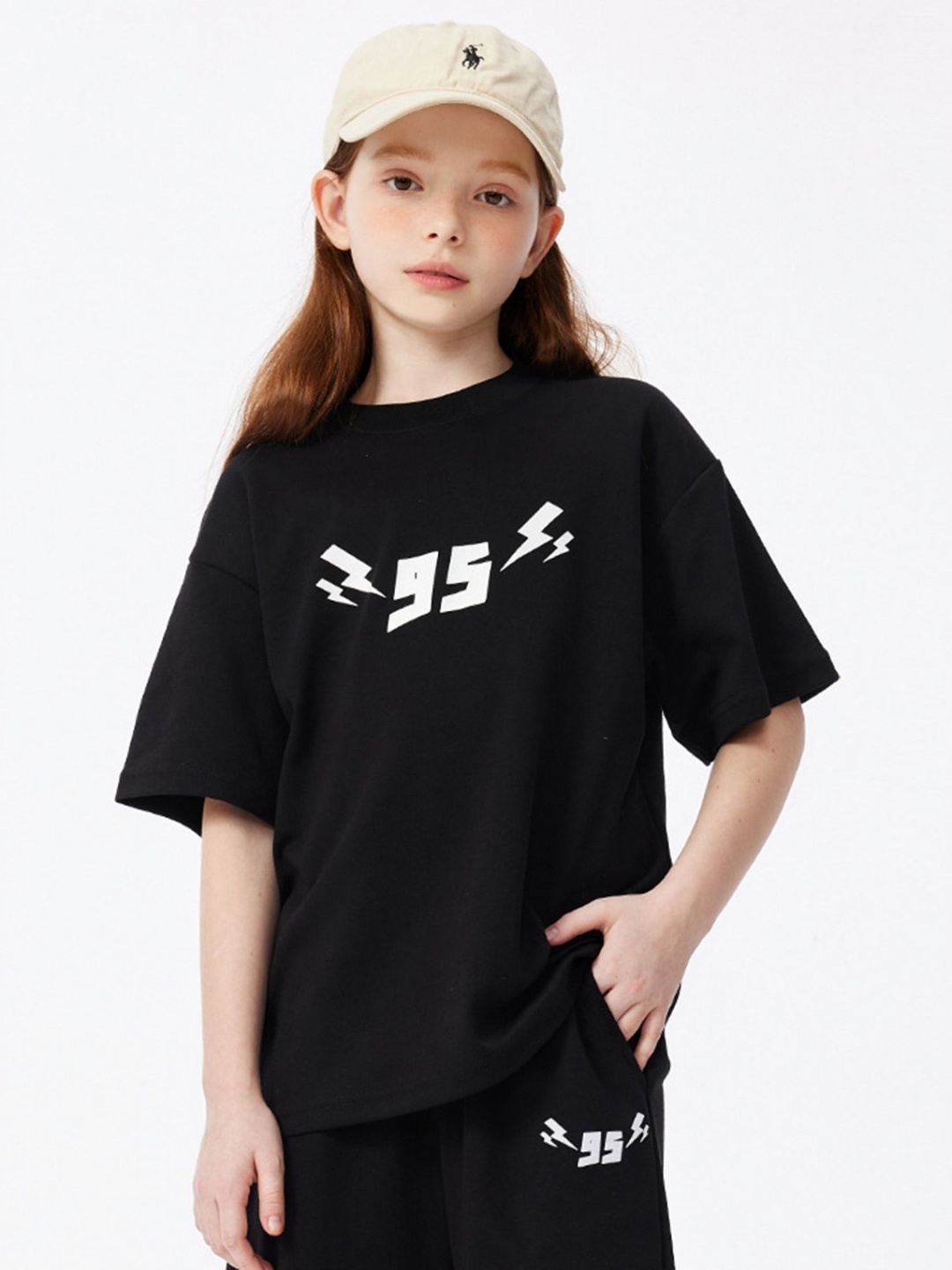 

LULU & SKY Girls Typography Printed Round Neck Cotton Oversized T-shirt, Black