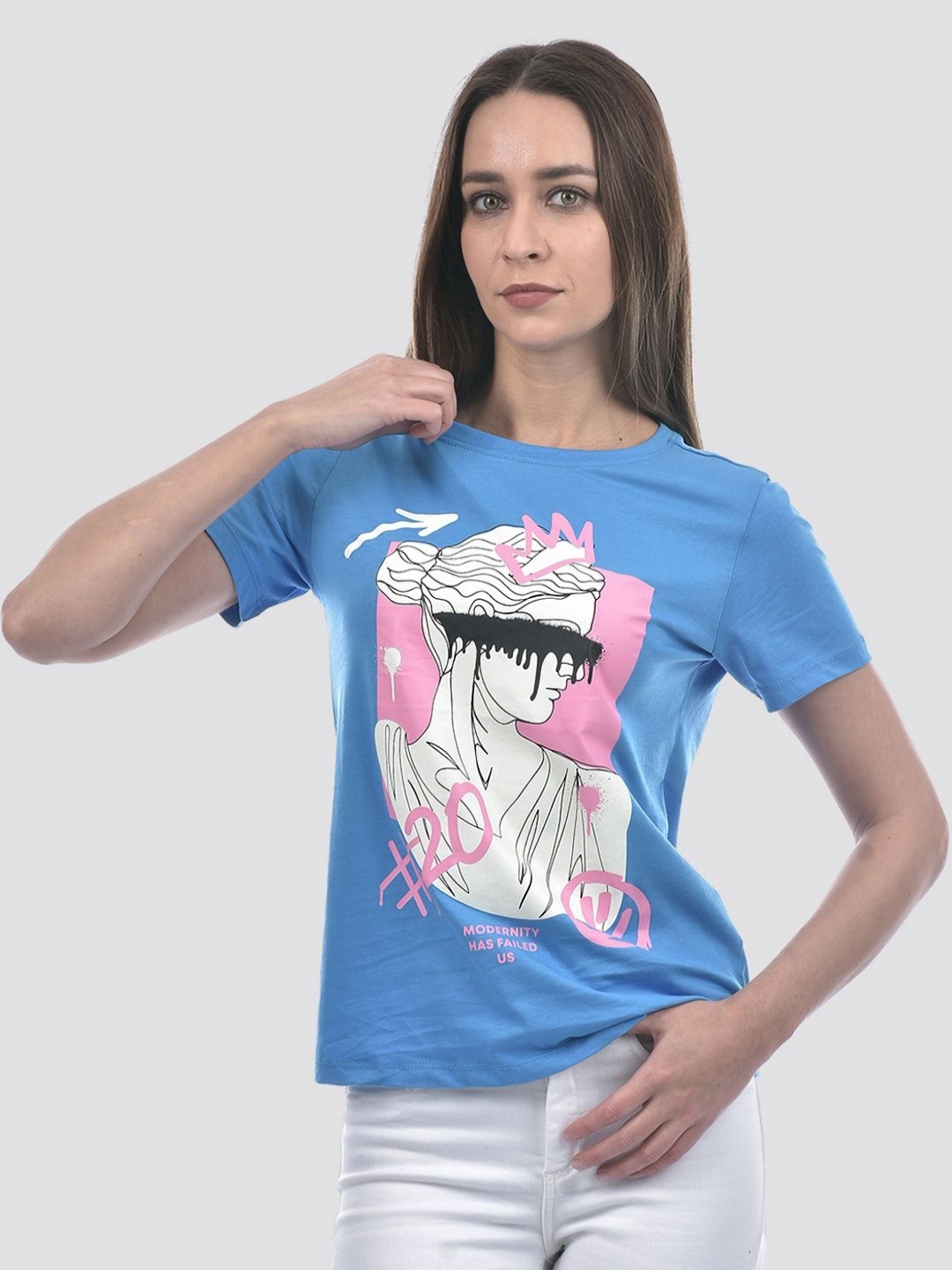 

ONLY Women Graphic Printed Round Neck Cotton T-shirt, Blue