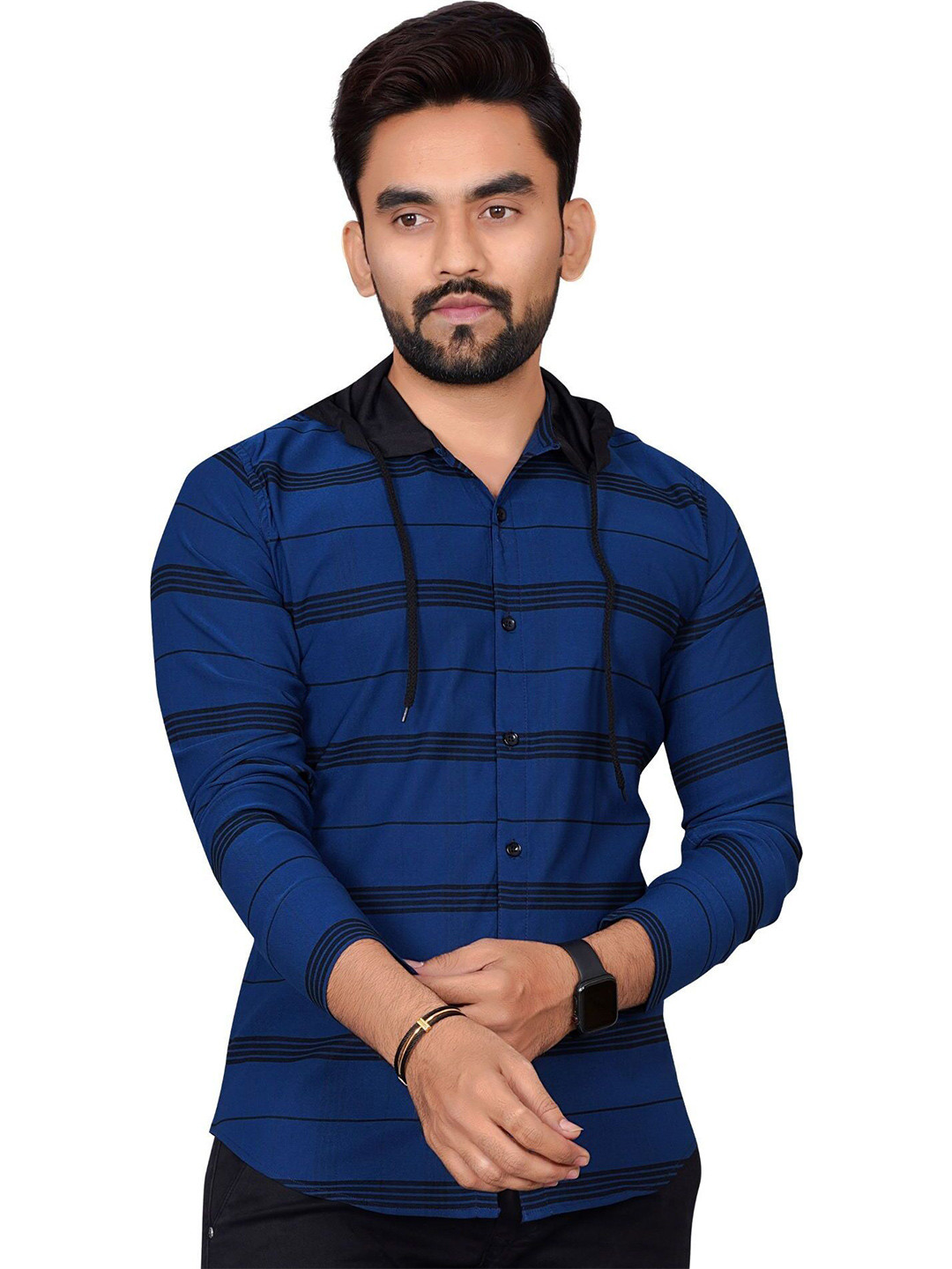 

Metronaut Men Regular Fit Hood Horizontal Striped Elastane Casual Shirt, Navy blue