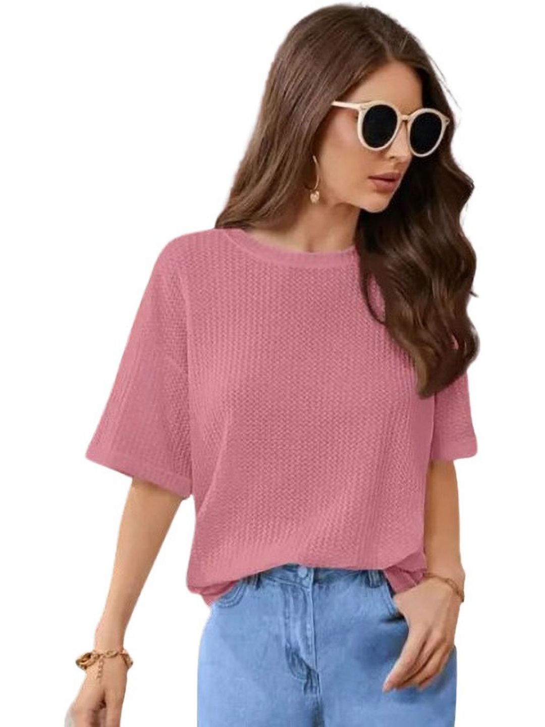 

SRISARAS Women Self Design Round Neck Cotton Relaxed Fit T-shirt, Peach