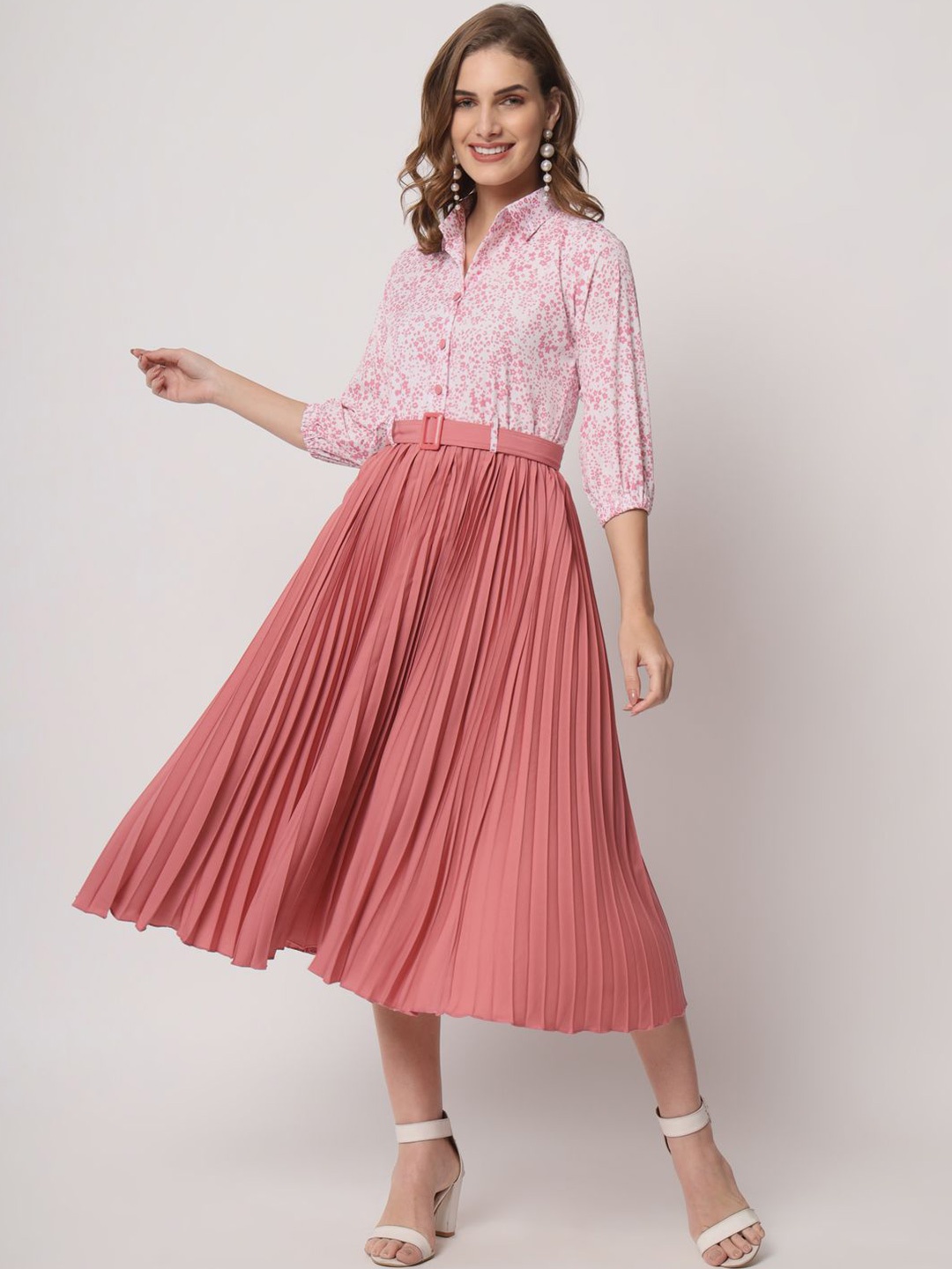

ZWERLON Women Printed Shirt Collar Puff Sleeves Accordion Pleats A-Line Midi Dress, Peach