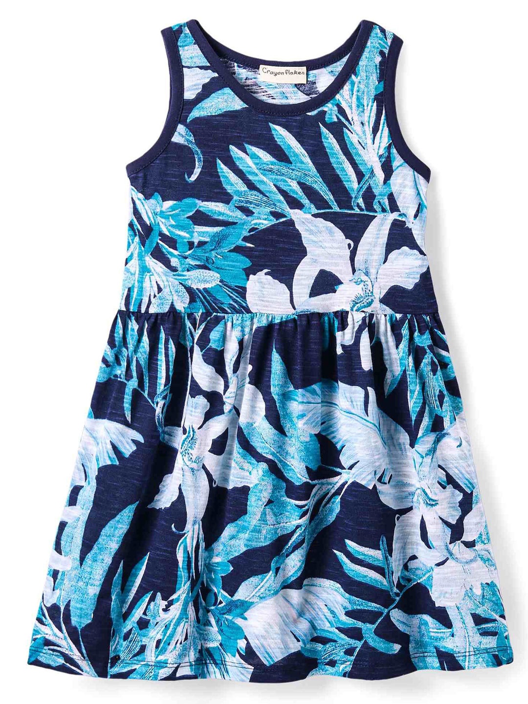 

CrayonFlakes Girls Floral Print Fit & Flare Sleeveless Cotton Dress, Navy blue