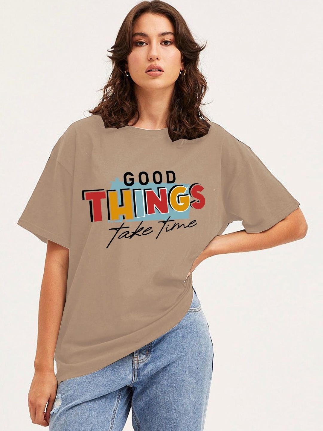 

Moda Rapido Women Typography Printed Drop-Shoulder Sleeves T-shirt, Beige