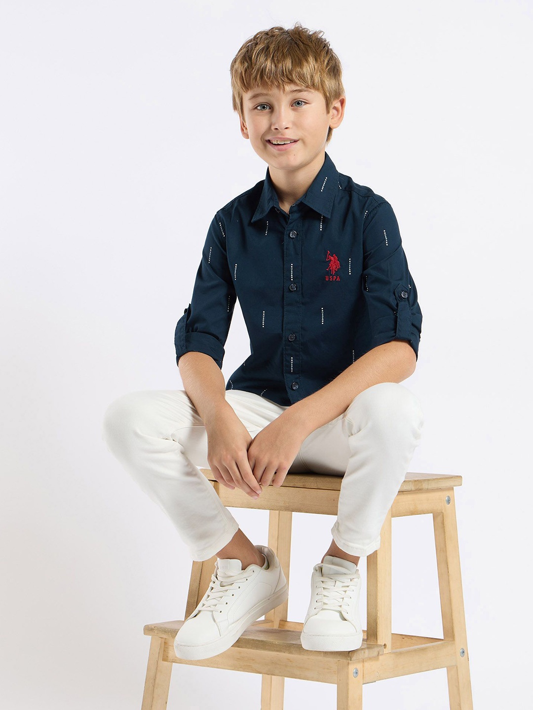 

U.S. Polo Assn. Kids Boys Classic Fit Spread Collar Abstract Printed Cotton Casual Shirt, Navy blue