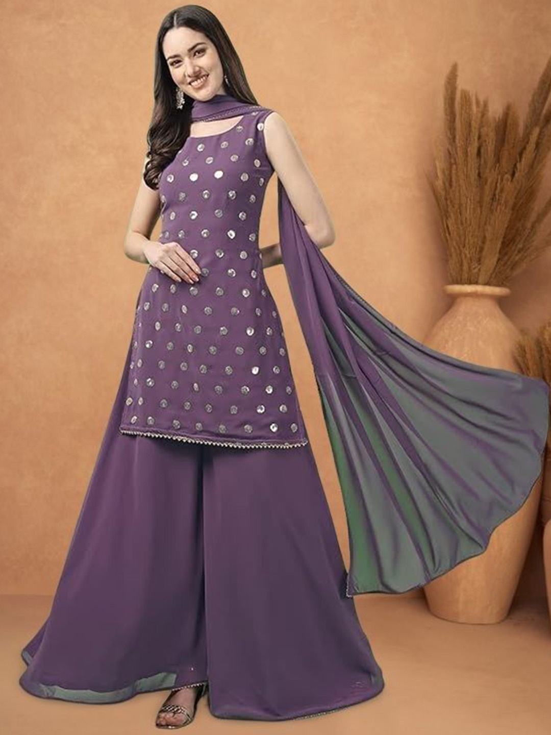 

PARROT CREATION Geometric Embroidered Sequinned Georgette Kurti with Sharara And Dupatta, Lavender