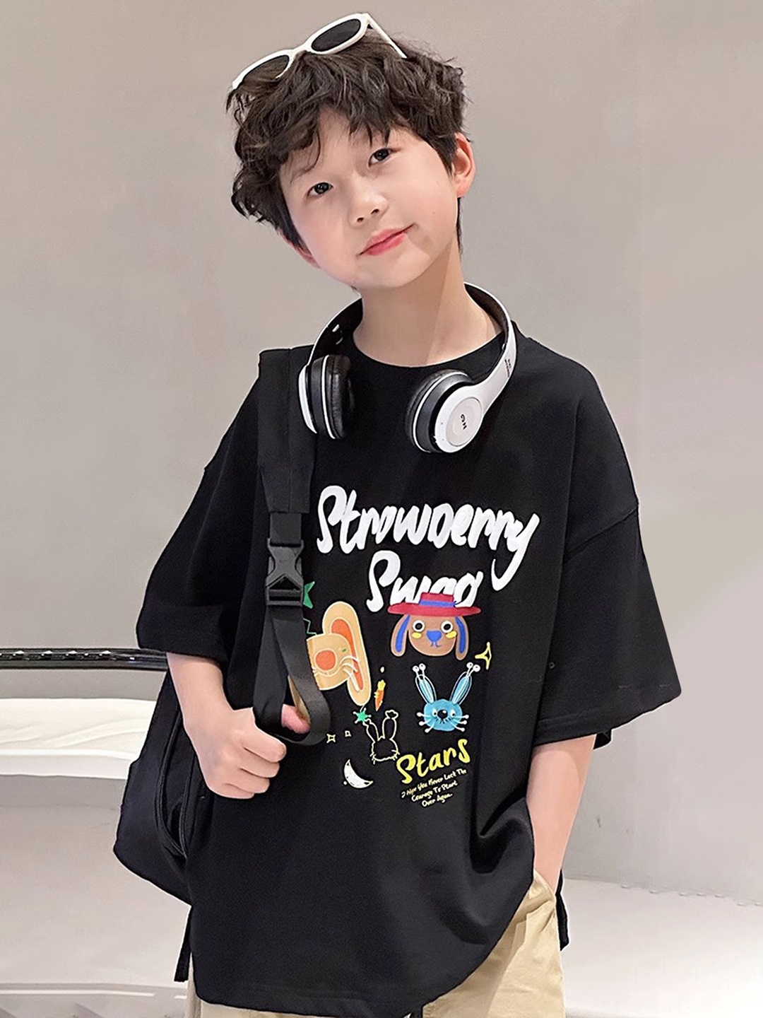 

LULU & SKY Boys Graphic Printed Round Neck Cotton Relaxed Fit T-shirt, Black