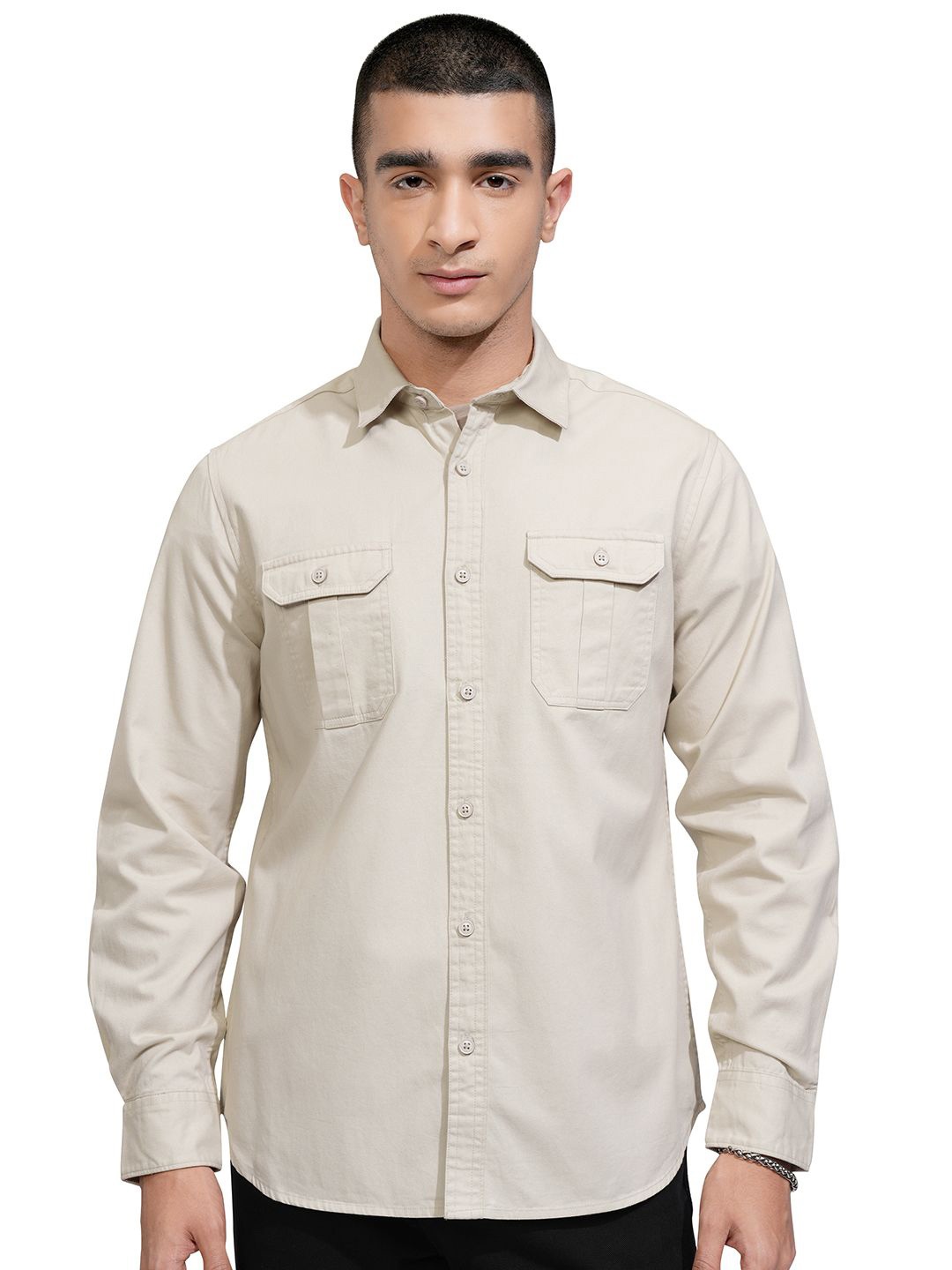 

KETCH Men Cutaway Collar Solid Cotton Casual Shirt, Cream