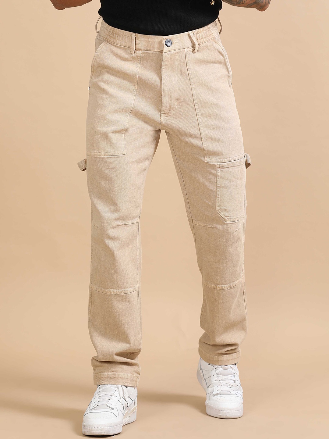 

Italian Colony Men Straight Fit Craftline Carpenter Denim Cargos Trousers, Beige