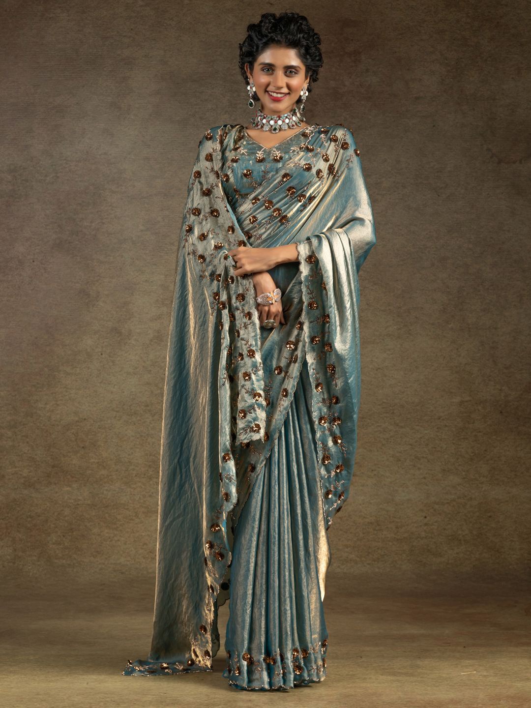 

Saree mall Embellished Sequinned Satin Designer Sarees, Teal