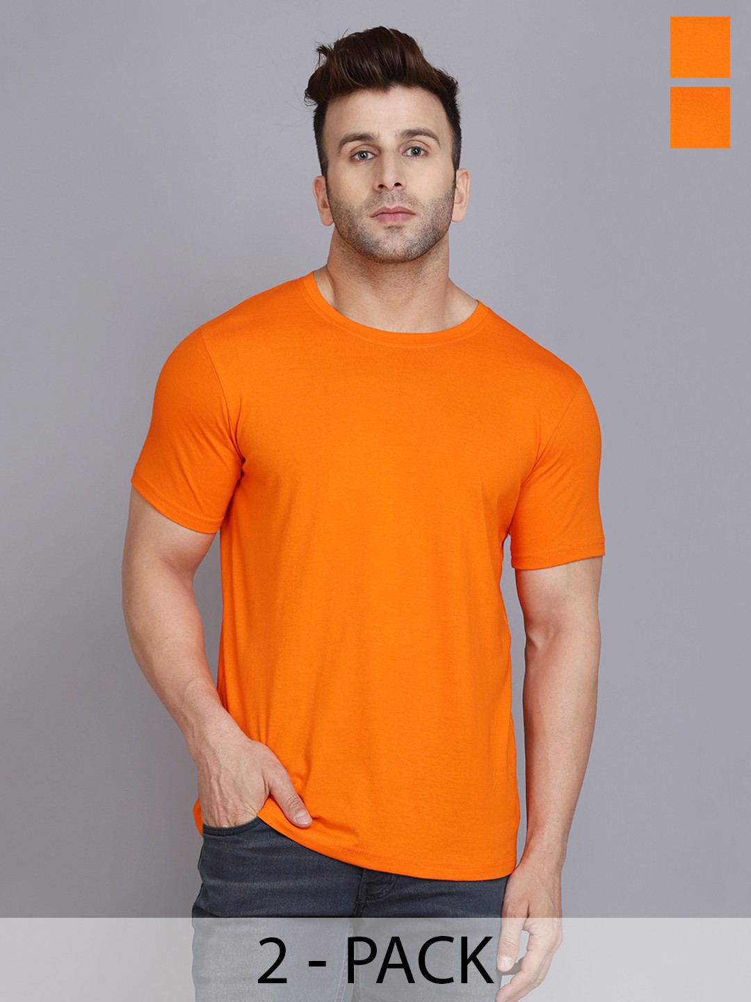 

WOOSTRO Men Pack Of 2 Solid Round Neck Cotton Slim Fit T-shirts, Orange