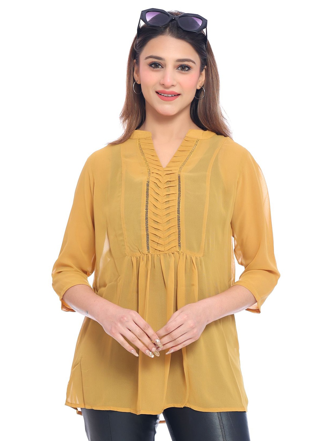 

Moda Elementi Women Cotton Mandarin Collar Georgette Top, Yellow