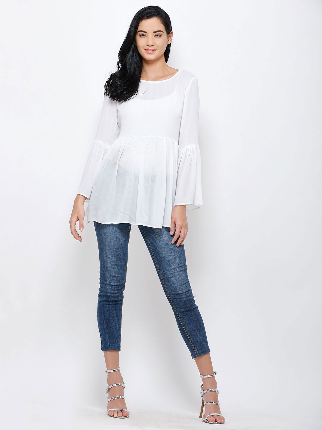 

Moda Rapido Bell Sleeve Crepe Styled Back Top, White