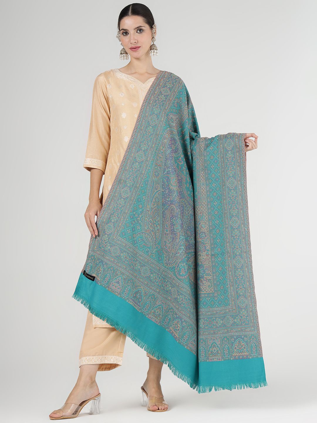 

PASHMAL INDIA PRIVATE LIMITED Floral Woven Design Woolen Shawl, Teal