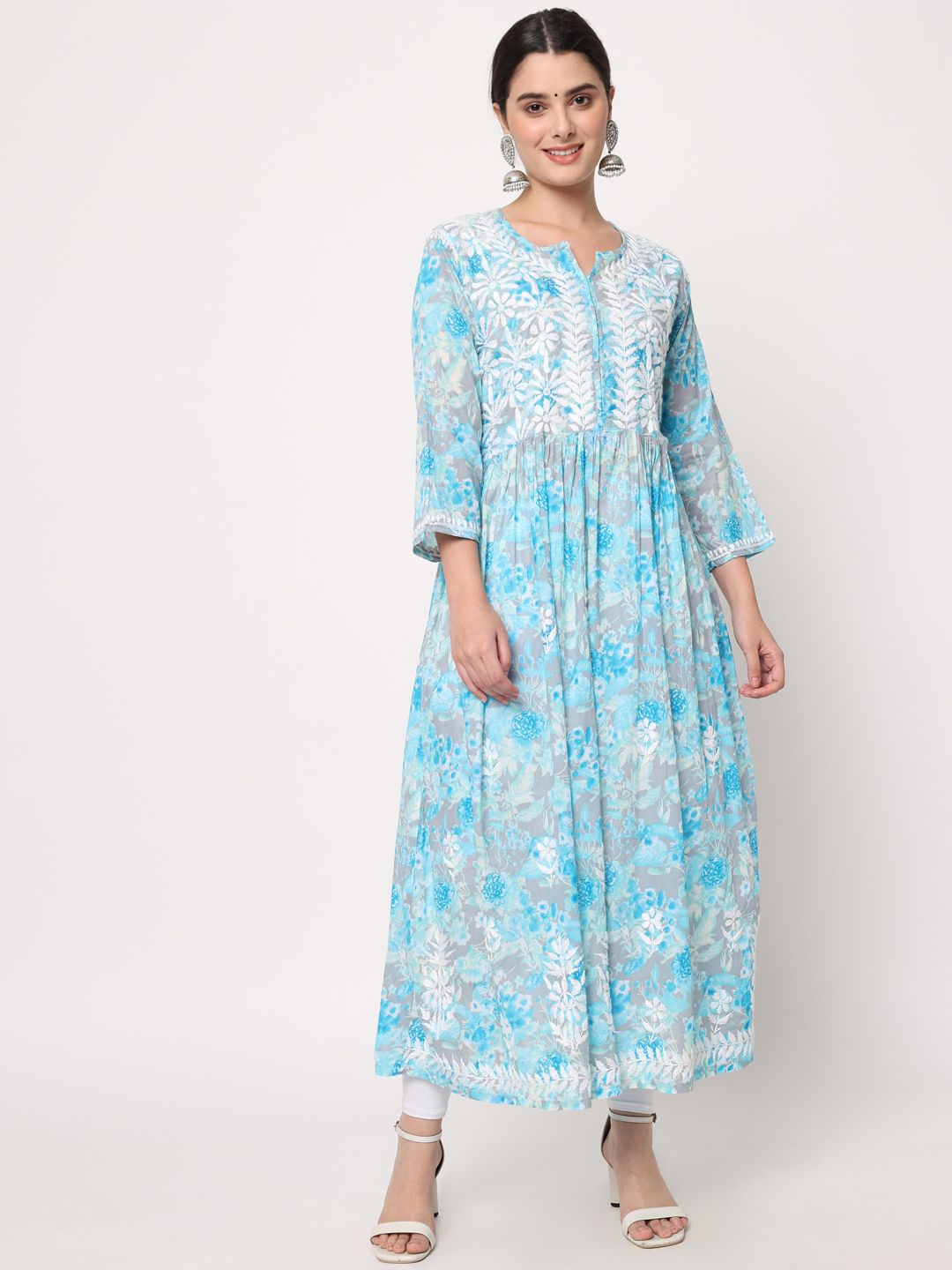 

PARAMOUNT CHIKAN Floral Lucknowi Chikankari Notch Neck A-Line Kurta, Turquoise blue