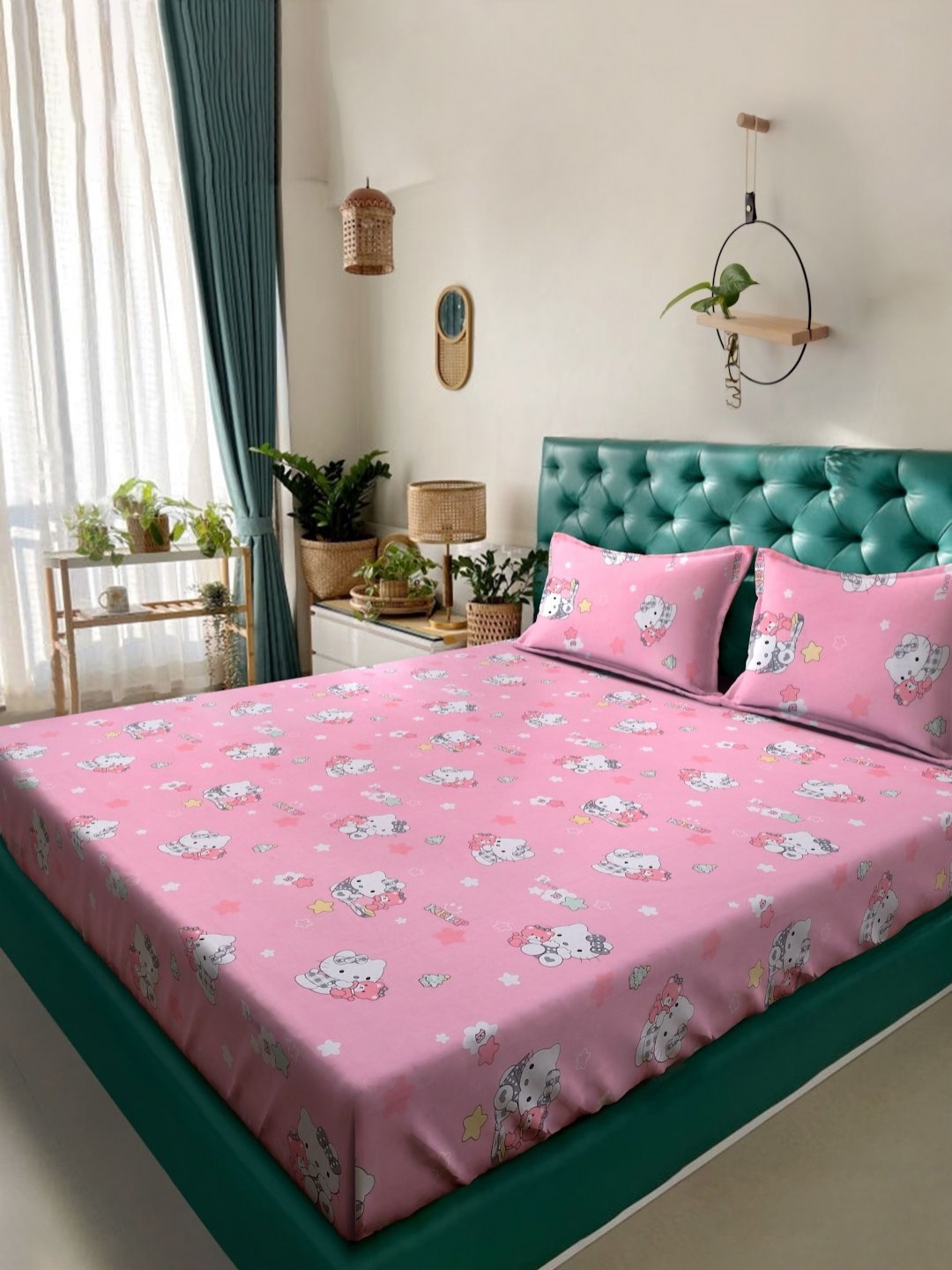 

KLOTTHE Pink & White Printed Flat 400TC Pure Cotton King Bedsheet With 2 Pillow Cover