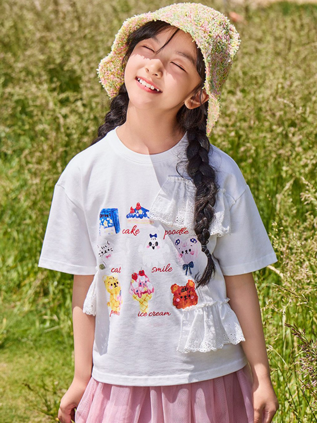 

LULU & SKY Girls Graphic Printed Round Neck Cotton Oversized T-shirt, White