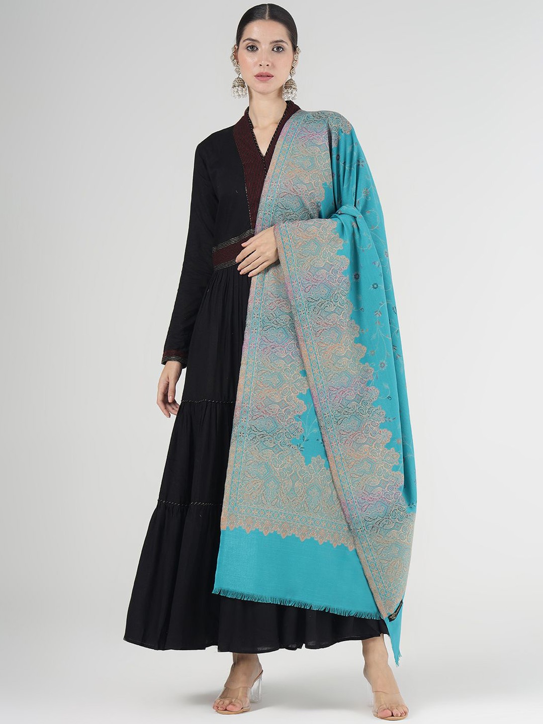 

PASHMAL INDIA PRIVATE LIMITED Floral Woven Design Woolen Shawl, Blue