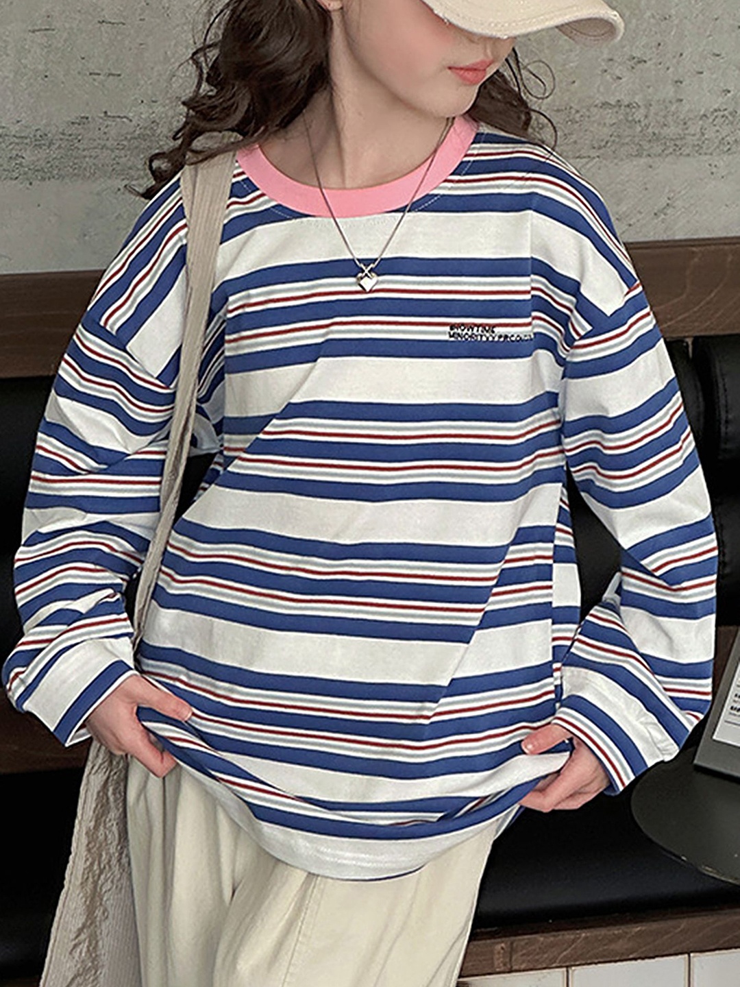 

LULU & SKY Girls Striped Round Neck Oversized T-shirt, White