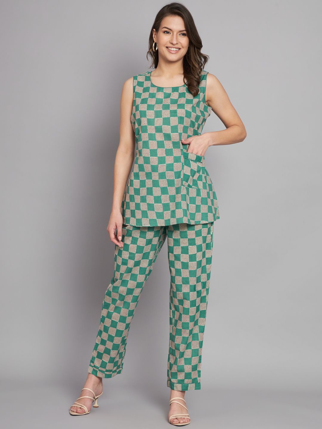 

COTNUF Checked Pure Cotton Top With Trousers Co-Ords, Green