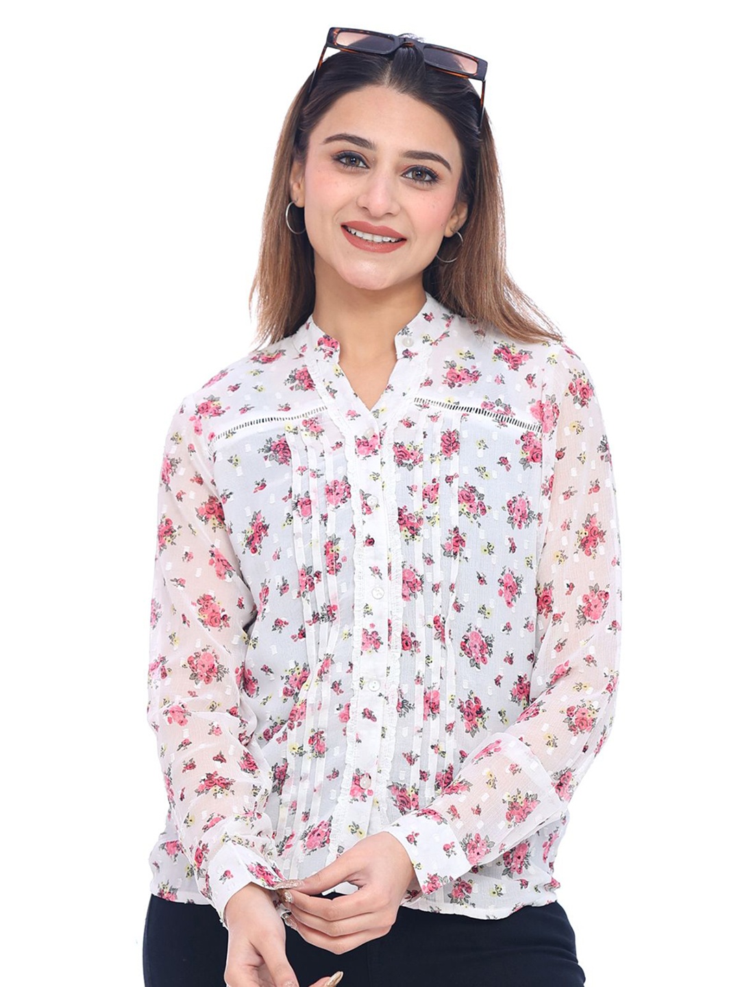 

Moda Elementi Women's Floral Mandarin Collar Cuffed Sleeve Top, White