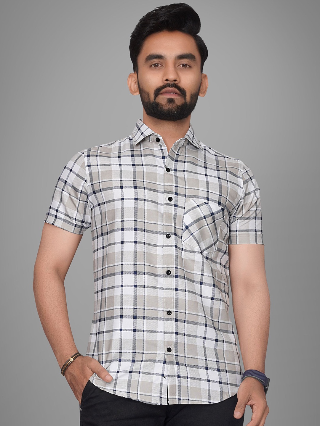 

Metronaut Men Regular Fit Spread Collar Grid Tattersall Checked Cotton Casual Shirt, White