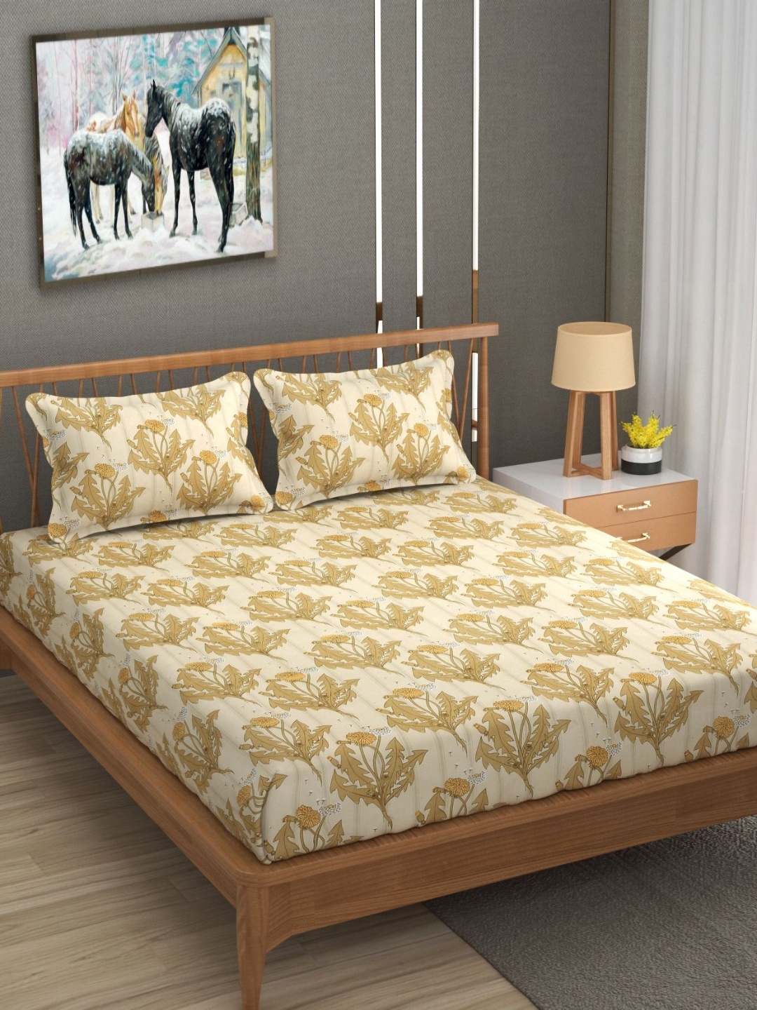 

BLUEDOT Cream & Beige Cotton Floral Printed 300 TC King Bedsheet Set 1.9 m x 1.82 m