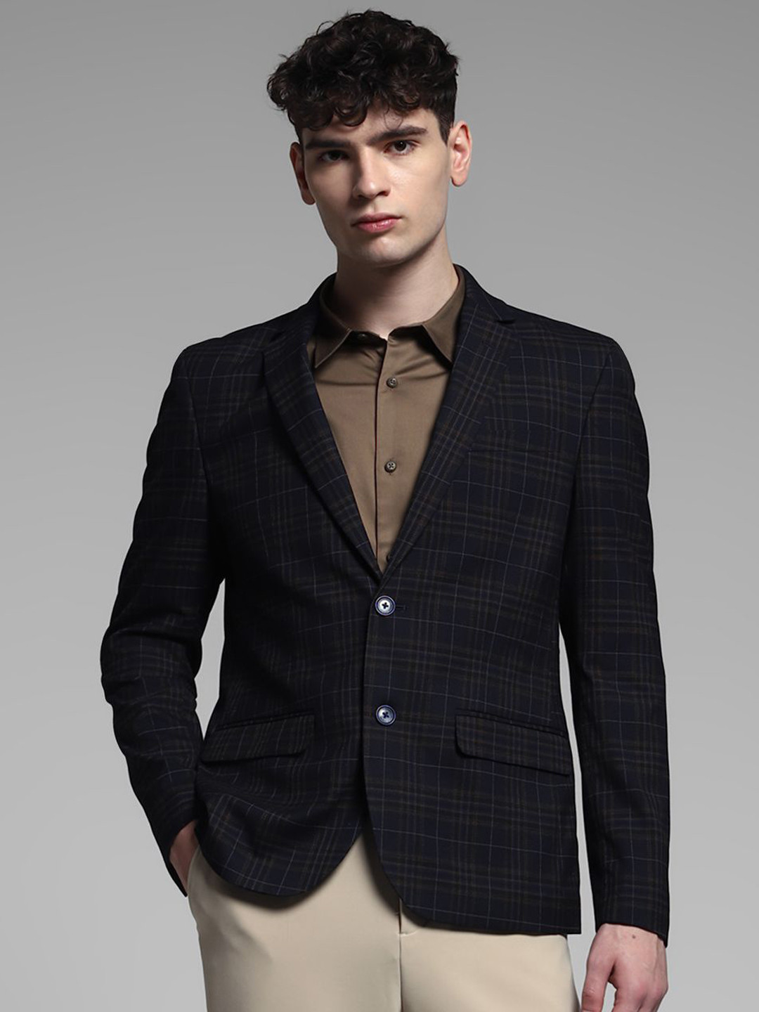 

Jack & Jones Checked Notched Lapel Single-Breasted Blazer, Navy blue