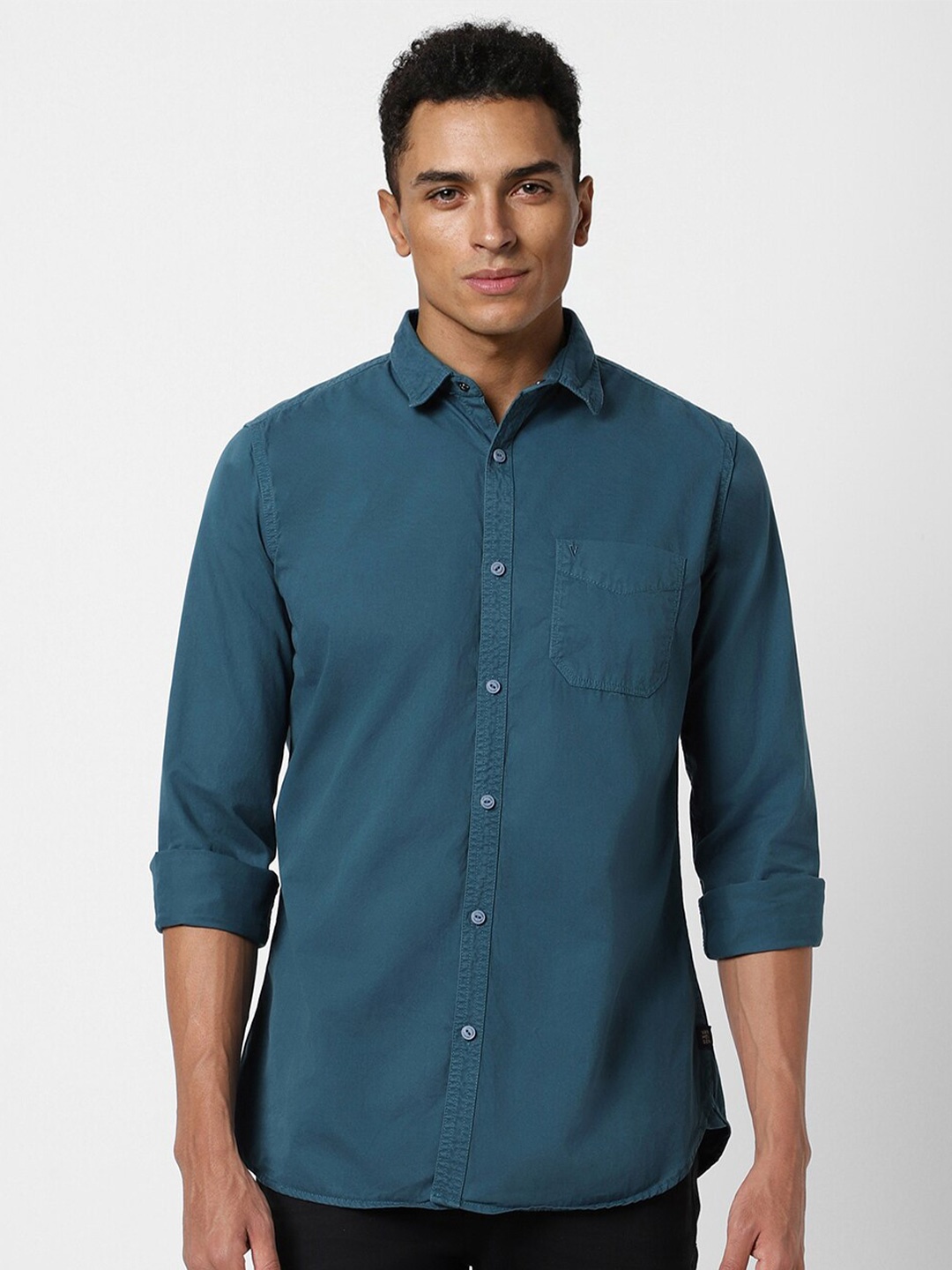 

VAN HEUSEN DENIM LABS Slim Fit Spread Collar Pure Cotton Casual Shirt, Teal